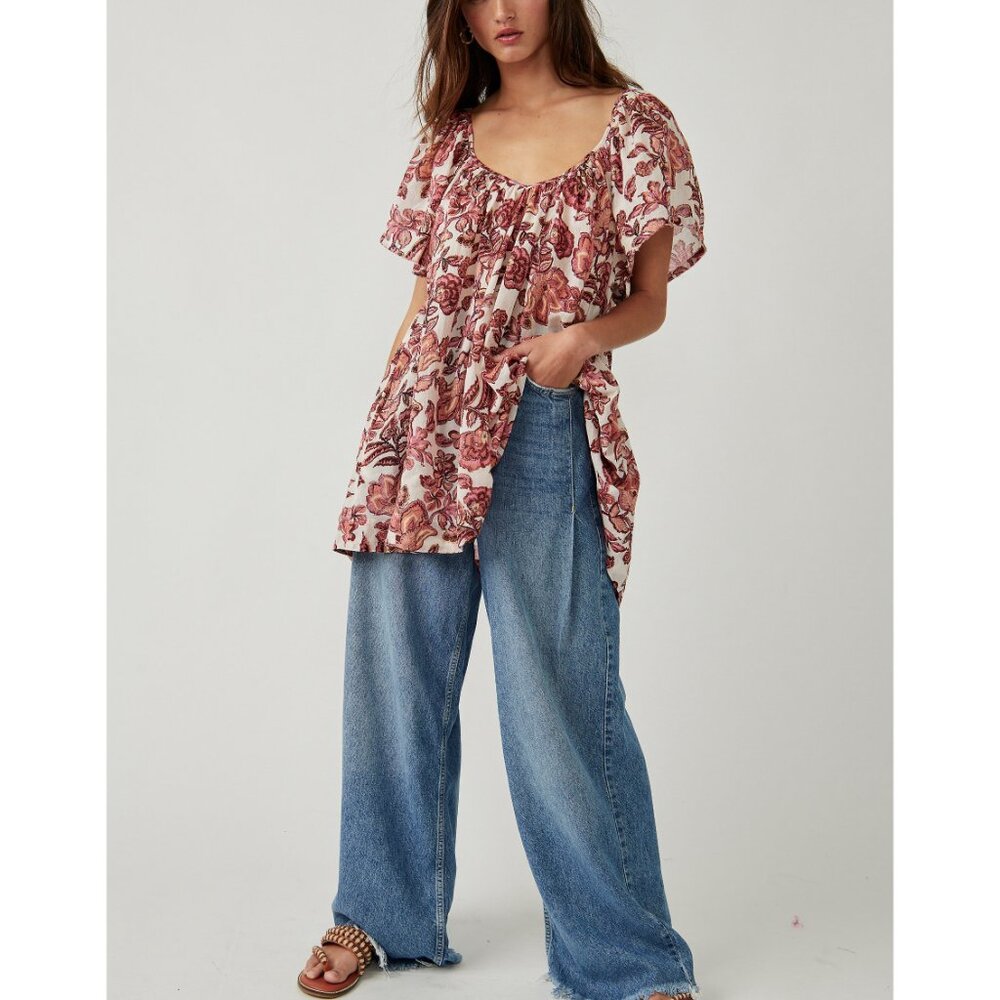 Free People Cream and Rust Floral Peasant Tunic